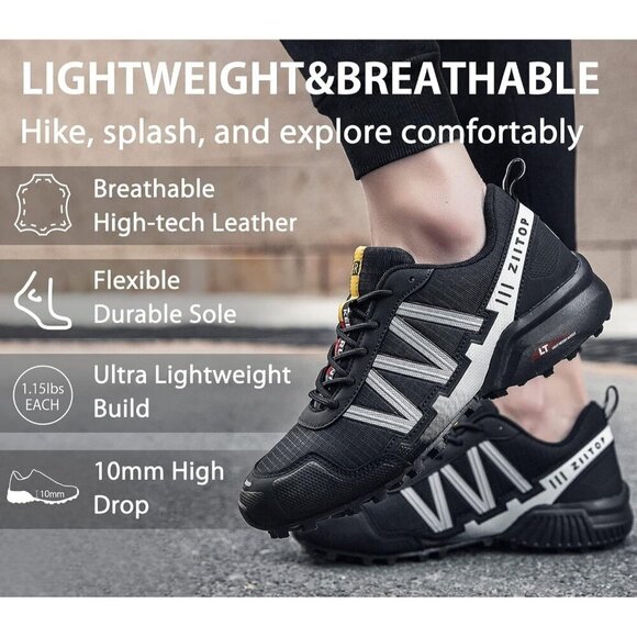Mens Black White Waterproof Walking Hiking  Running Non-Slip All-Terrain Shoes - Picture 5 of 7